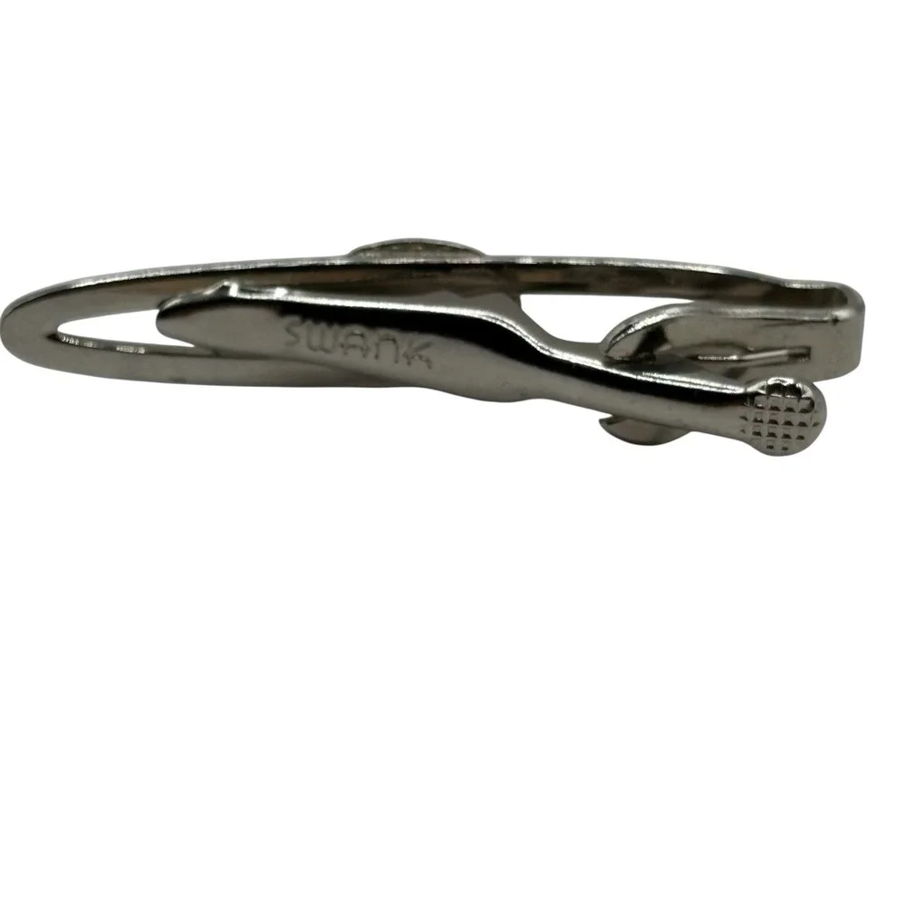 Swank Tie‎ Clip Bar Green Rhinestone Silver Tone Vintage Open Work Design Retro